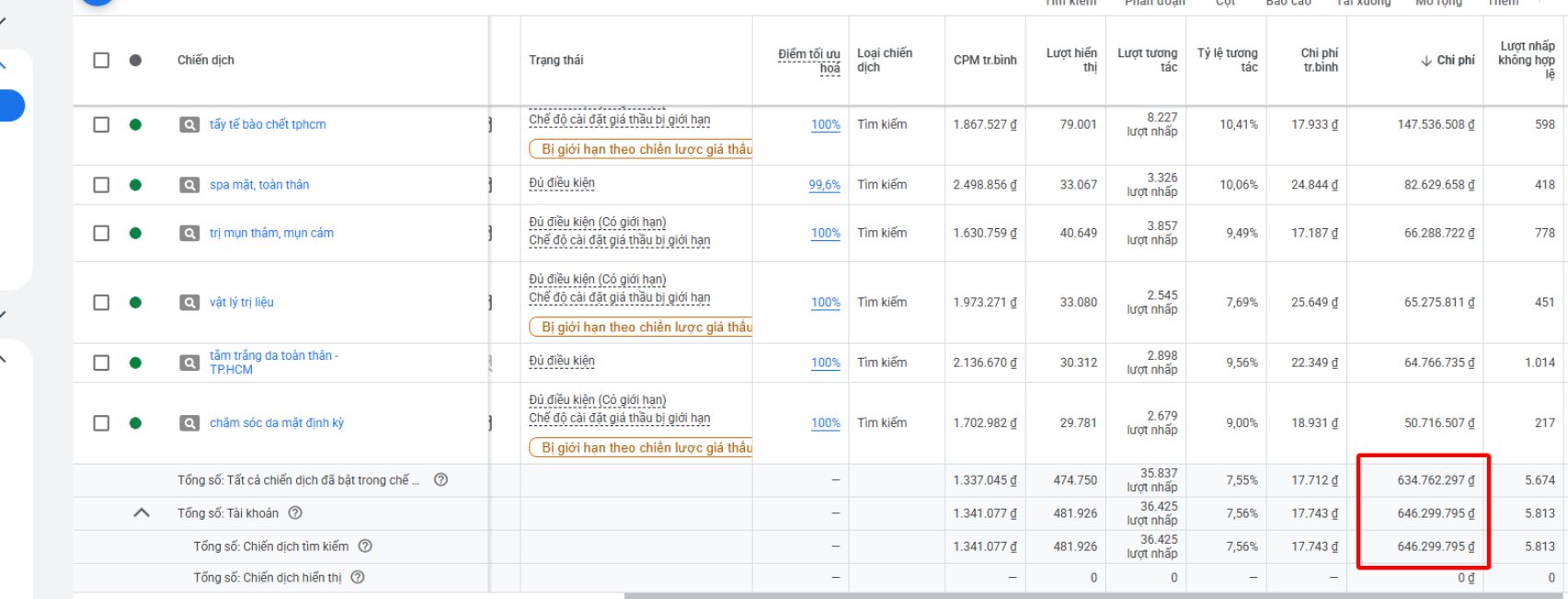 Kết quả Google Ads ngành thẩm mỹ spa